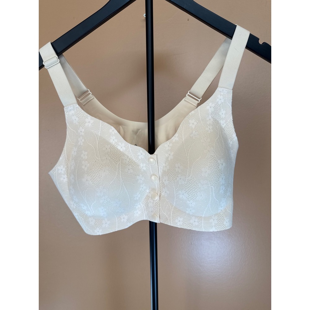 Cream Floral Lace Front Button Bralette Sports Bra‎ Adjustable Straps Large